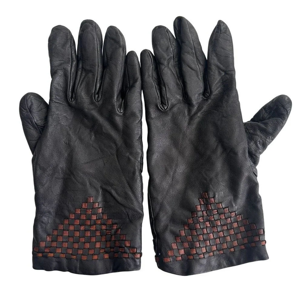 Genuine Italian Leather Women's Gloves W/ Woven Brown Accent & Cashmere Lining